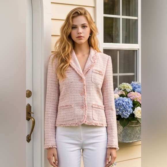 Lia Lee Jackets & Blazers - Women's Tweed Frayed-Trim Blazer in Pale Pink